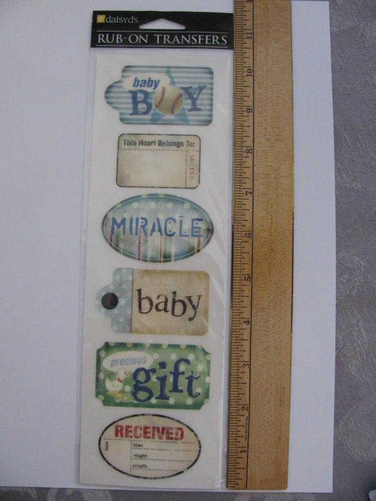 Daisy D’s Rub-On Transfers BABY BOY TAGS 6 Pieces NIP