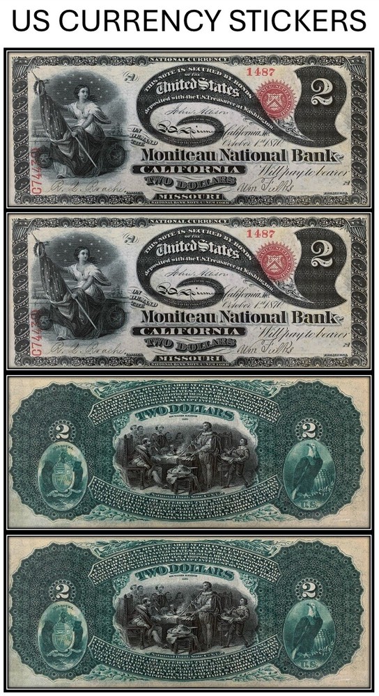 $2 Two Dollar National Bank Note Original Series (US CURRENCY STICKERS) (2)