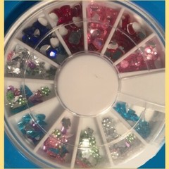 Set of 240 pcs COLORED NAIL BLING RHINESTONES 12 STYLES in DIAL CONTAINER BOX