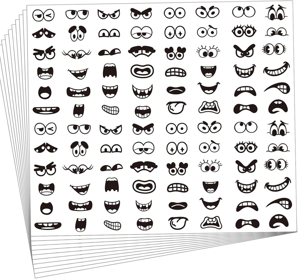 960Pcs Black Eye Mouth Stickers, 48 Designs Cartoon Face Expression Stickers for