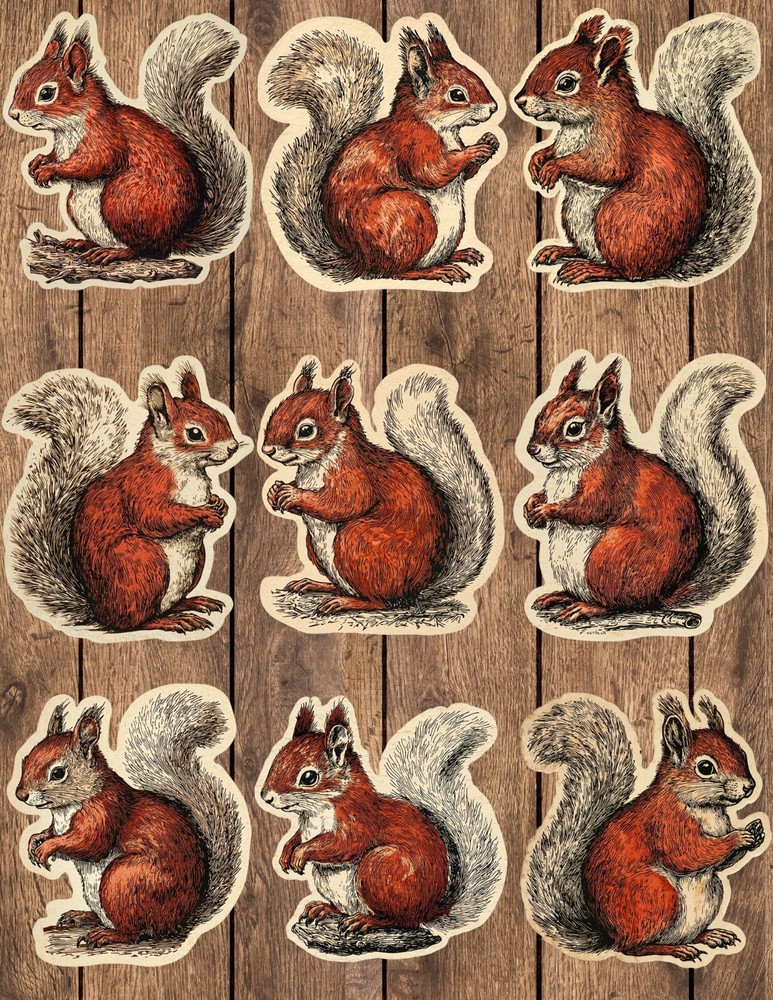 Vintage Style Squirrel Die Cut Stickers Set Scrapbooking Laptop Waterbottle