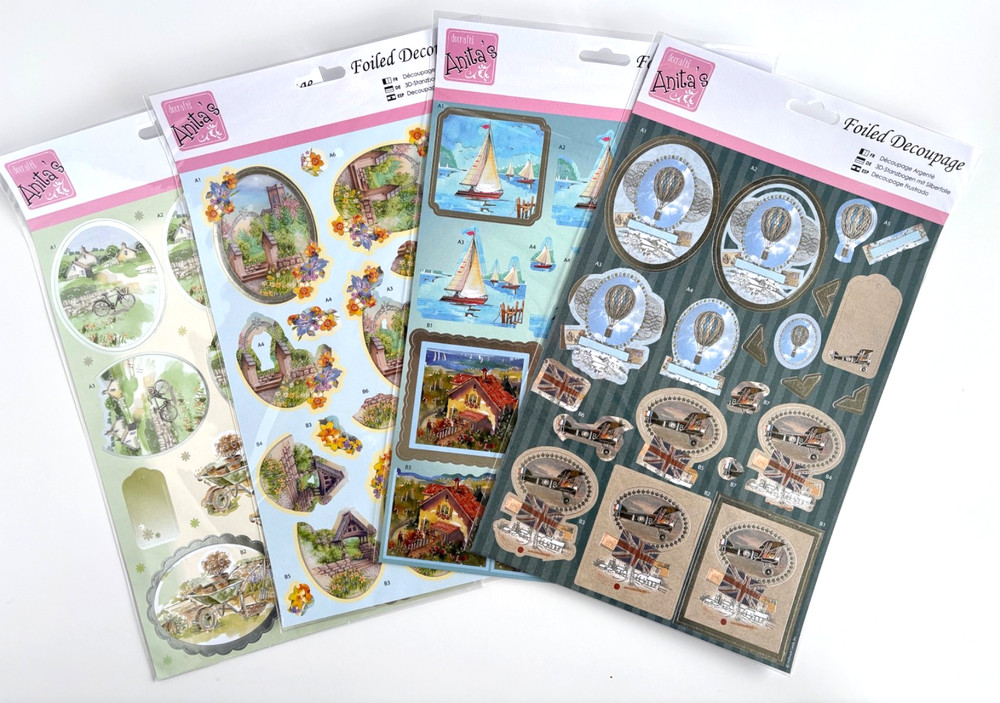 Anita’s Foiled Decoupage Summer Outdoors Sailing Balloons Planes Craft 4pc Lot