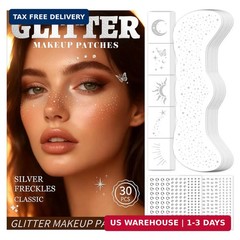 30PCS Glitter Freckles Face Tattoos & Face Gems Set, Classic Silver Glitter Temp