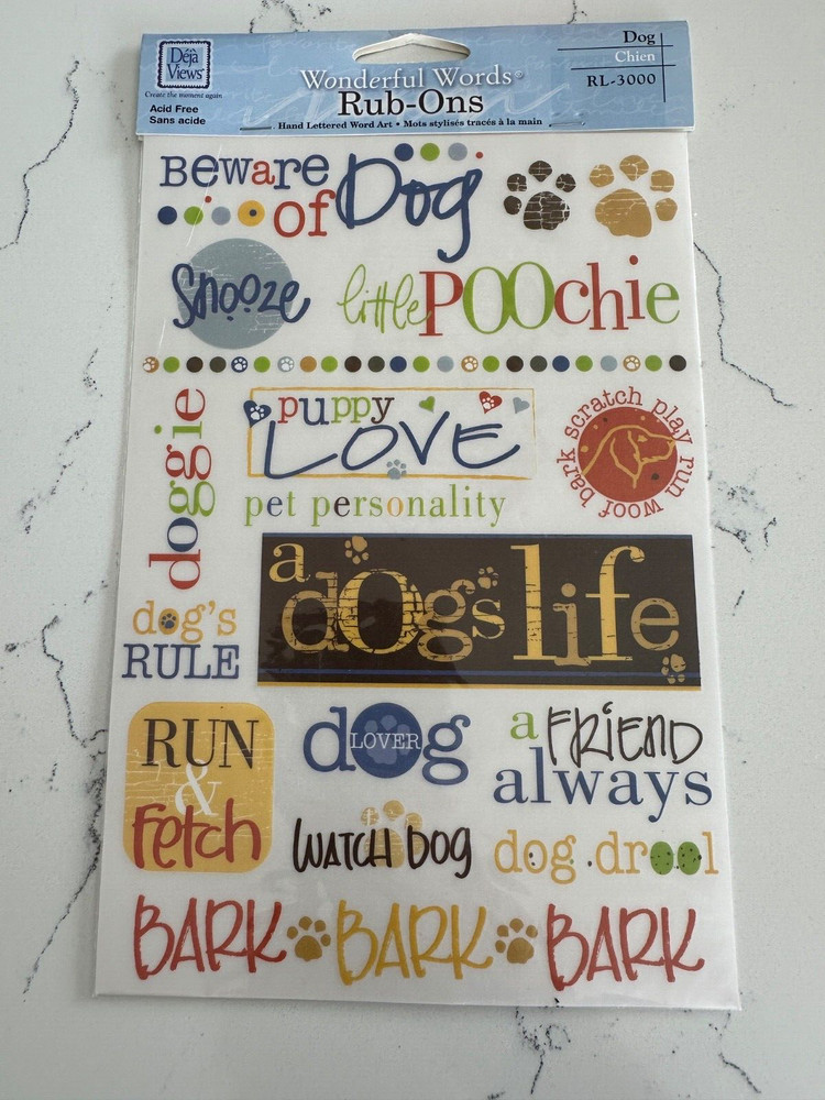Deja Views – Wonderful Words – Rub-Ons – Dog Bark Watch Dog Snooze Scrapbooking