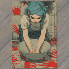STICKER Blue Hair Girl Crouching Bloody Floor Grimy Walls Red Hands Shadows