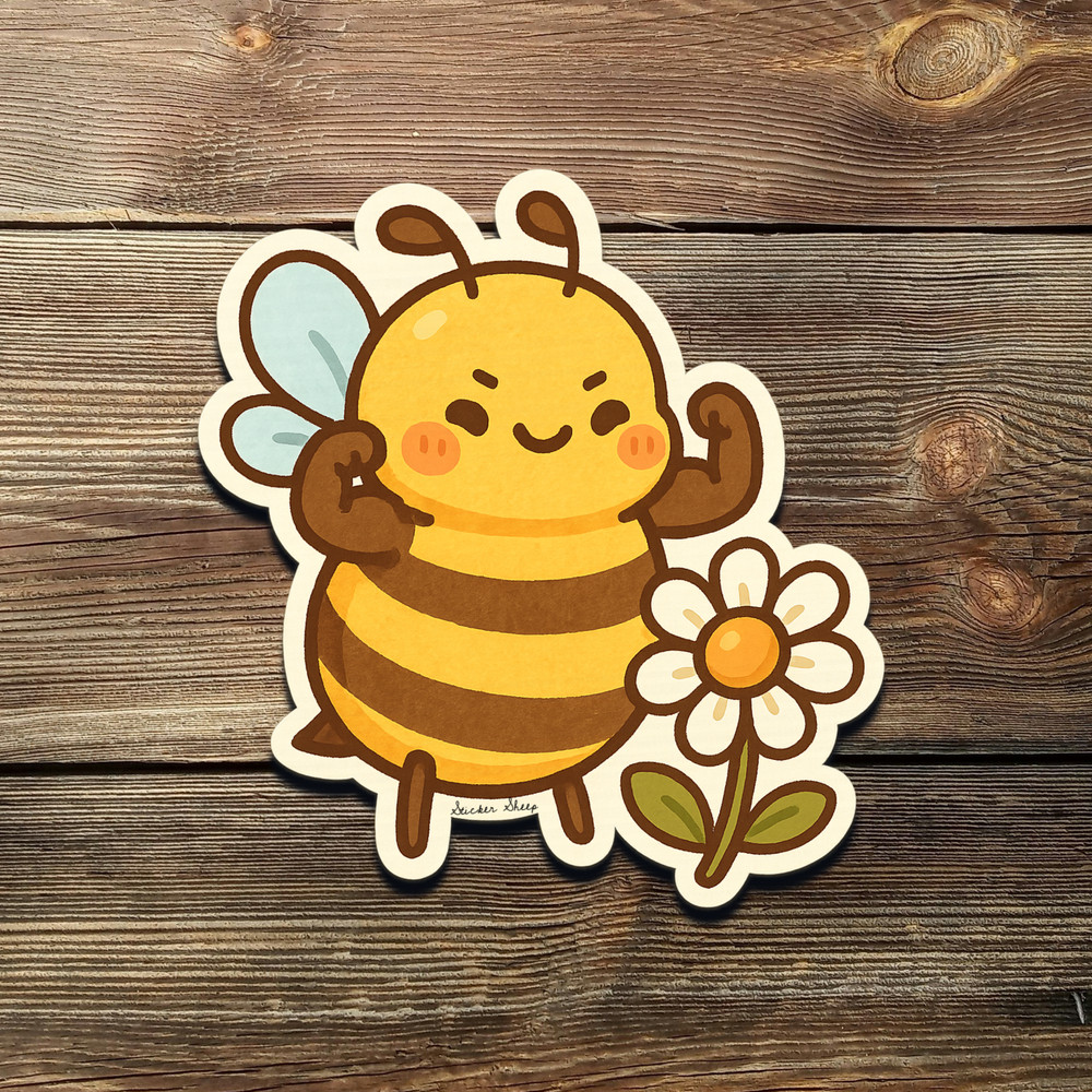 Strong Cute Bee Sticker – Chibi Vinyl Decal with Flower and Flex Pose