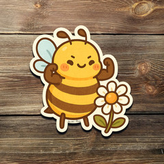 Strong Cute Bee Sticker – Chibi Vinyl Decal with Flower and Flex Pose