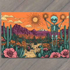 STICKER Trippy Skeleton Cactus Sunset Dual Suns Neon Desert Weird Wild Art