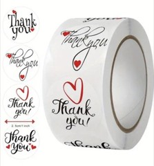 500 pc Sticker Roll Black White Thank You Heart ❤️ Semi Gloss Self Adhesive NEW