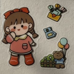 CUTE LITTLE GIRL Mylar Stickers(4pc)Kid•Bear•Flowers •Envelope•Note•Card Making•
