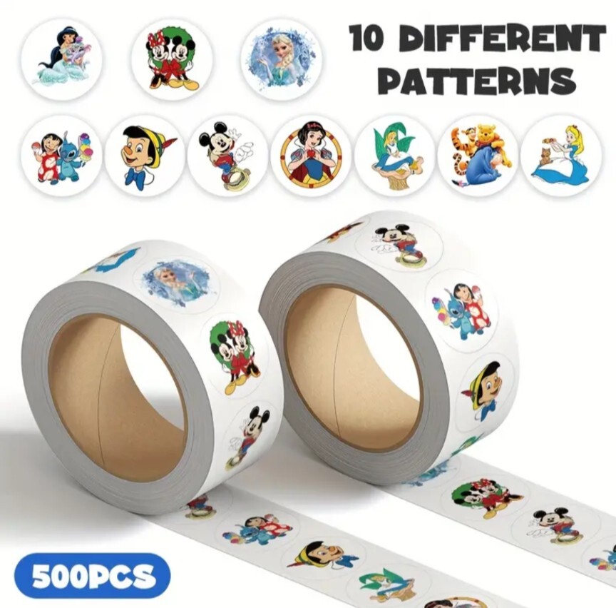 500 pcs Sticker Roll Disney Mickey Princess Pooh Stitch Semi Gloss Self Adhesive