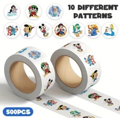 500 pcs Sticker Roll Disney Mickey Princess Pooh Stitch Semi Gloss Self Adhesive