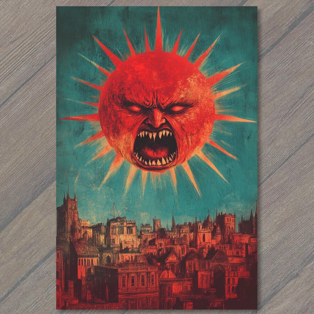 STICKER Angry Sun Over City Mean Star Hot Rays Buildings Sky Funny Unusual