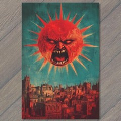 STICKER Angry Sun Over City Mean Star Hot Rays Buildings Sky Funny Unusual