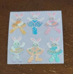 Vintage Sandylion sticker mod, Mother of Pearl dancing Bunnies Rabbits, unused