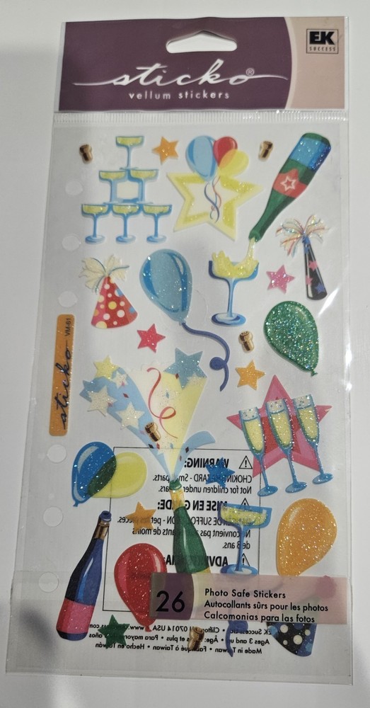 Scrapbook Stickers Sticko Vellum Celebration Champagne Party Hats Balloons Star