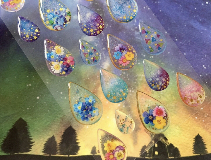 Puffy Gold Pressed Flower Tear Raindrop Sticker Sheet Scrapbooking Junk Journal