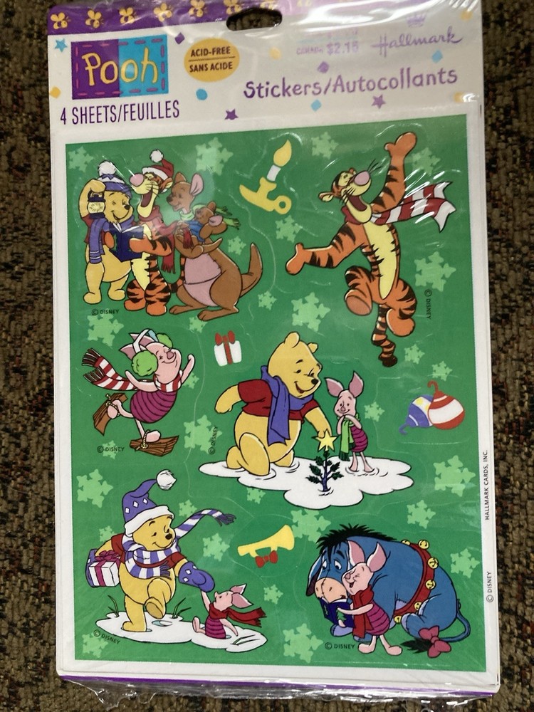 Vintage Hallmark Winnie Pooh Disney 4 Sheets Stickers Christmas Theme New sealed