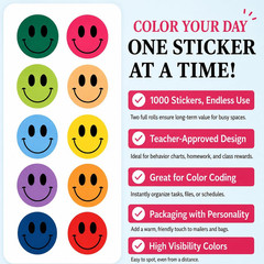 1000PCS Multi-Color Smiley Face Stickers 1 Inch – 2 Rolls of 500 Happy Face L…