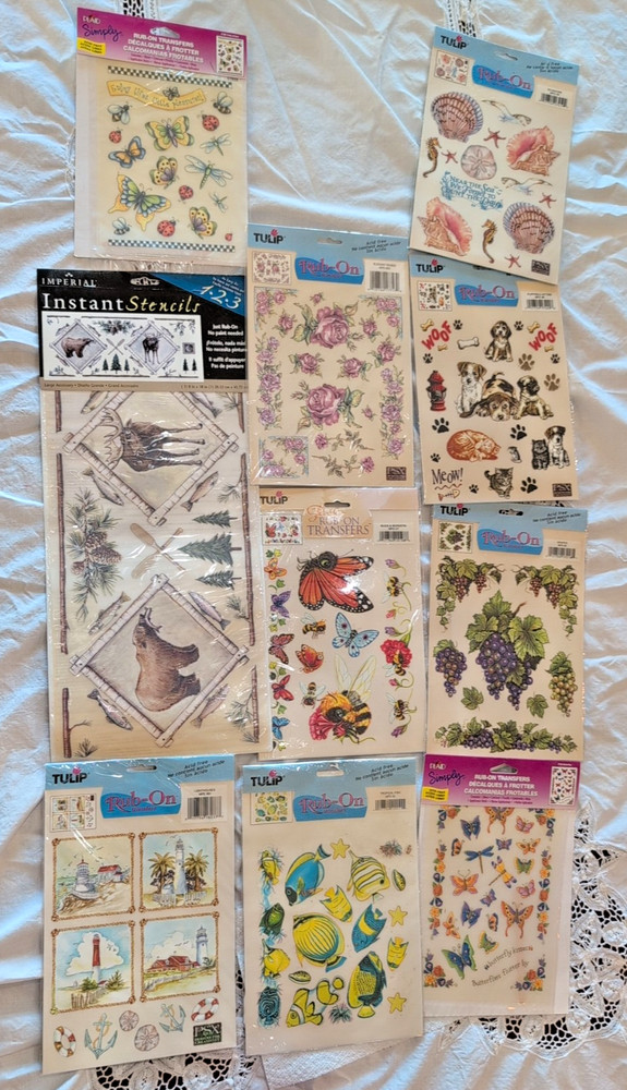 10 Sheets Rub on Transfers bee butterfly bear grape rose dog cat fish lighthouse