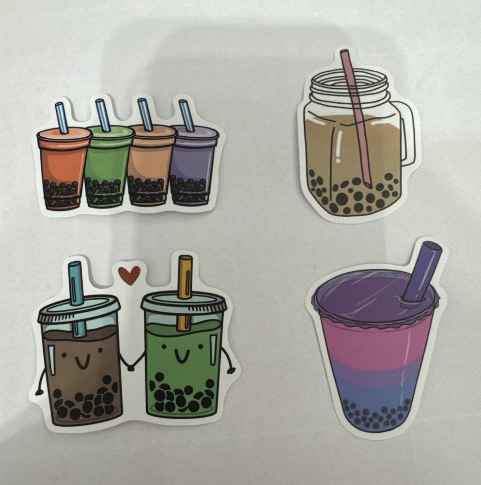 Boba Bubble Tea Drink Stickers Set, Multicolor Food & Drink Theme (4 pcs)