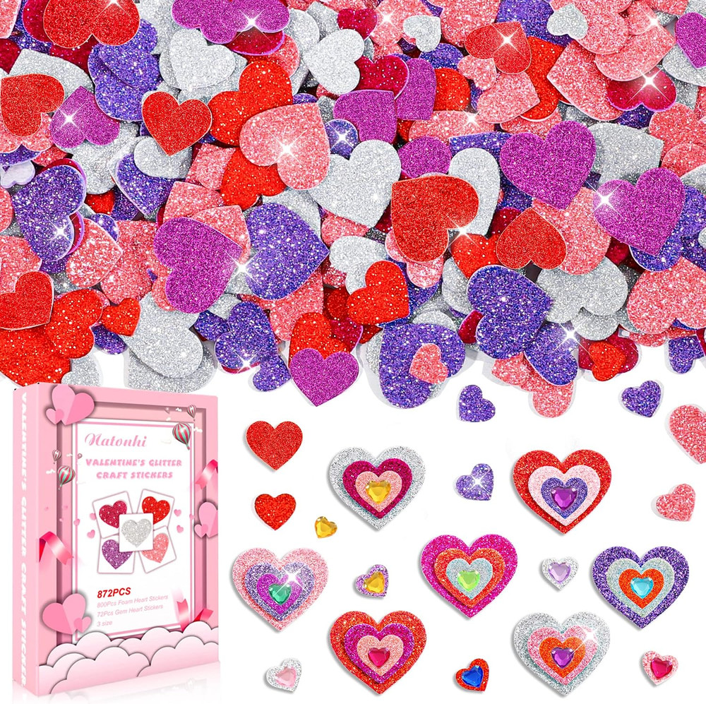 872 Pcs Valentines Heart Stickers, 3 Sizes 5 Colors Self-Adhesive Glitter Foam H