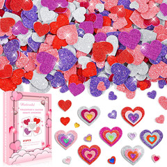 872 Pcs Valentines Heart Stickers, 3 Sizes 5 Colors Self-Adhesive Glitter Foam H