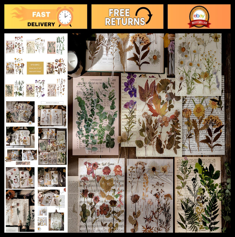 Large Dried Flower Stickers – 80PCS Waterproof Transparent Floral Decals for Jou
