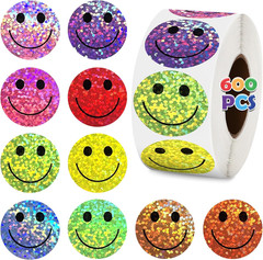 600Pcs Smile Face Star Stickers, 1 in 8 Colors of Teacher Supplies for Prizes, G