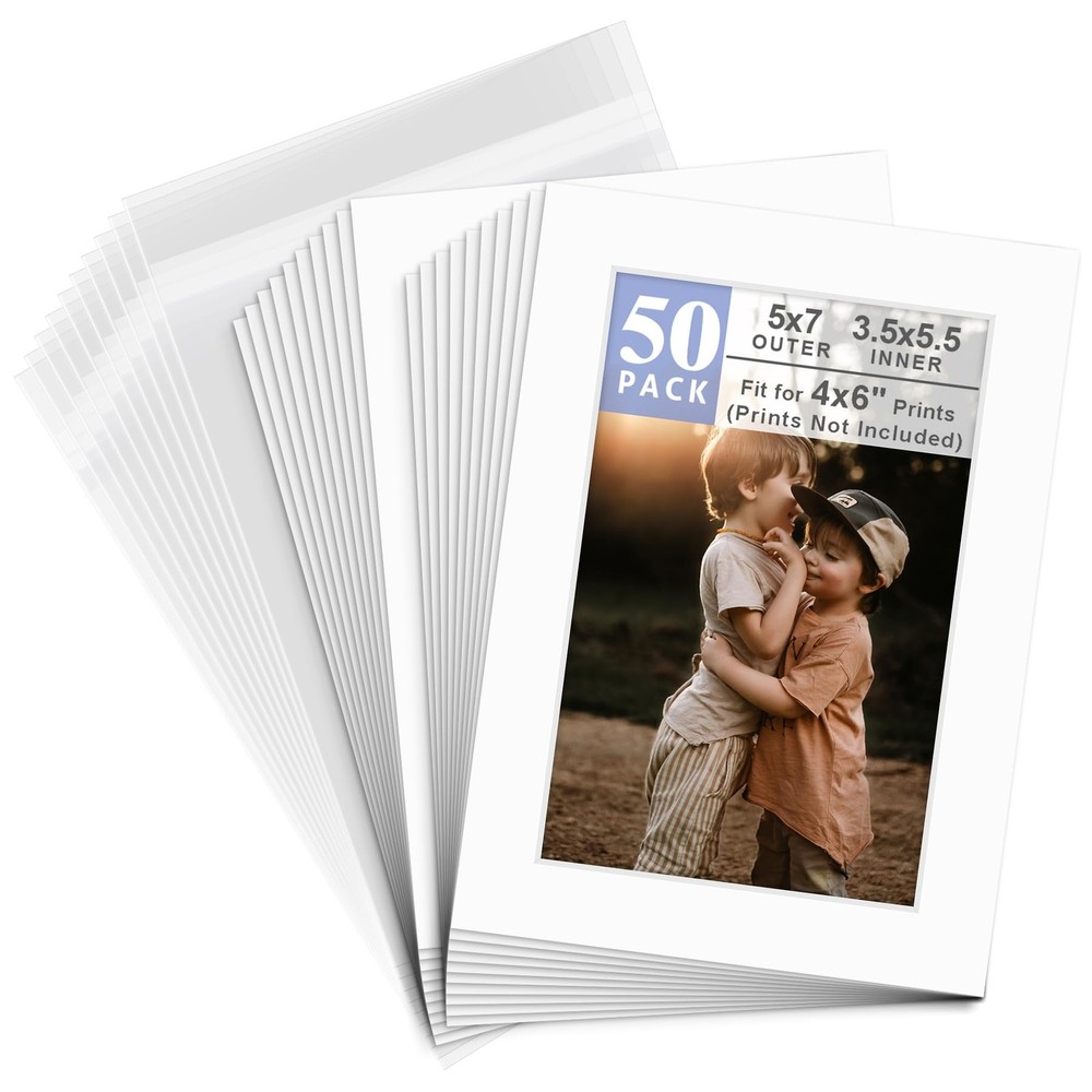 , Pack of 50 White Pre-Cut 5×7 Picture Mat for 4×6 Photo with White Core Beve…