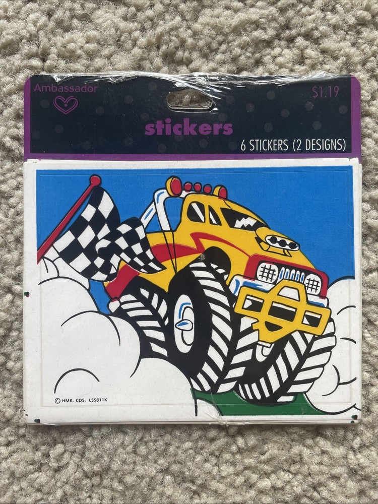 Vintage SEALED 6 Sheets 1991 Hallmark LARGE Stickers Yellow Red MONSTER TRUCKS