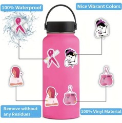 50 Pieces Pink Ribbon Breast Cancer Awareness Waterproof Stickers Motivational