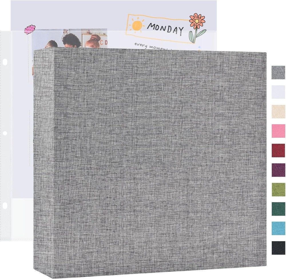 Mublalbum 12×12 Large 3-Ring Scrapbook Photo Album, 40 Sleeves, Grey Linen Cover