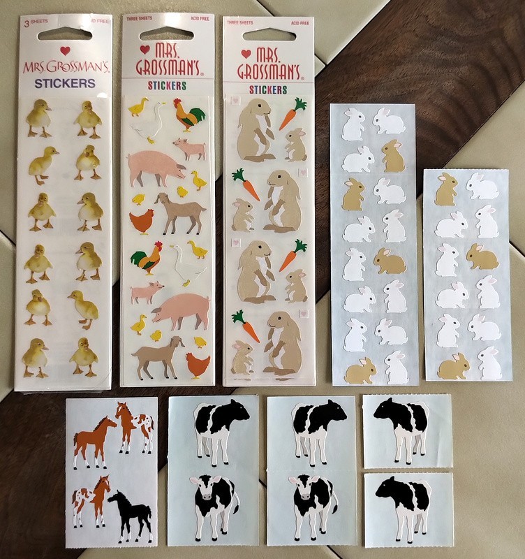 Vtg. Lot of MRS. GROSSMAN’S Farm Animals Stickers: Bunnies, Chicks, Cows, Colts