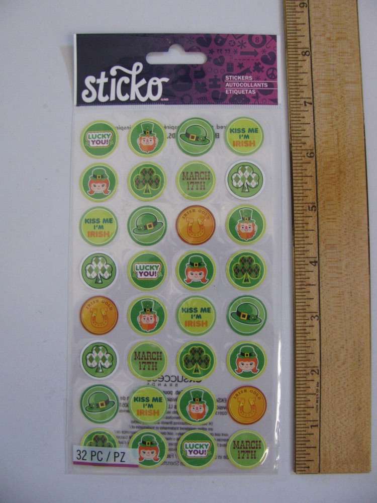 Sticko Stickers ST PAT’S KISS SEALS Irish St. Patrick’s Day 32 Pieces NIP