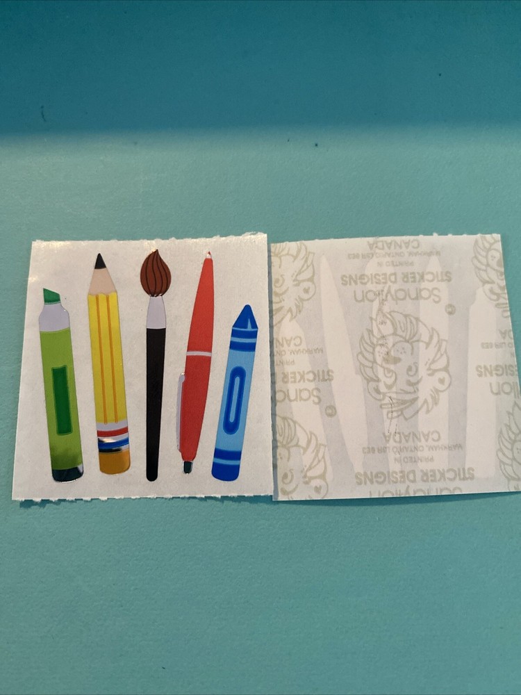 Vintage Sandylion School mylar foil sticker pencil, crayon, pen Paint Brush 1