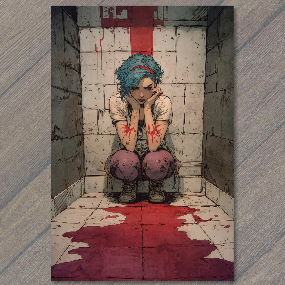 STICKER Blue Hair Girl Blood Floor Tiled Bathroom Emotional Breakdown Horror