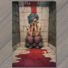 STICKER Blue Hair Girl Blood Floor Tiled Bathroom Emotional Breakdown Horror