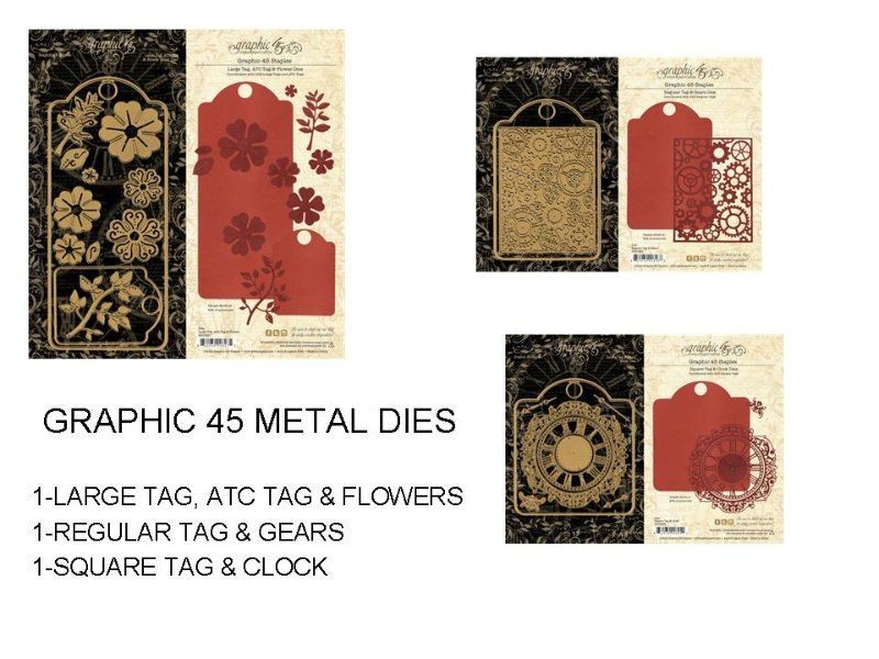 GRAPHIC 45 «METAL DIES» ALL 3 TAG DIES-LARGE, ATC, SQUARE & REGULAR SCRAPJACK’S