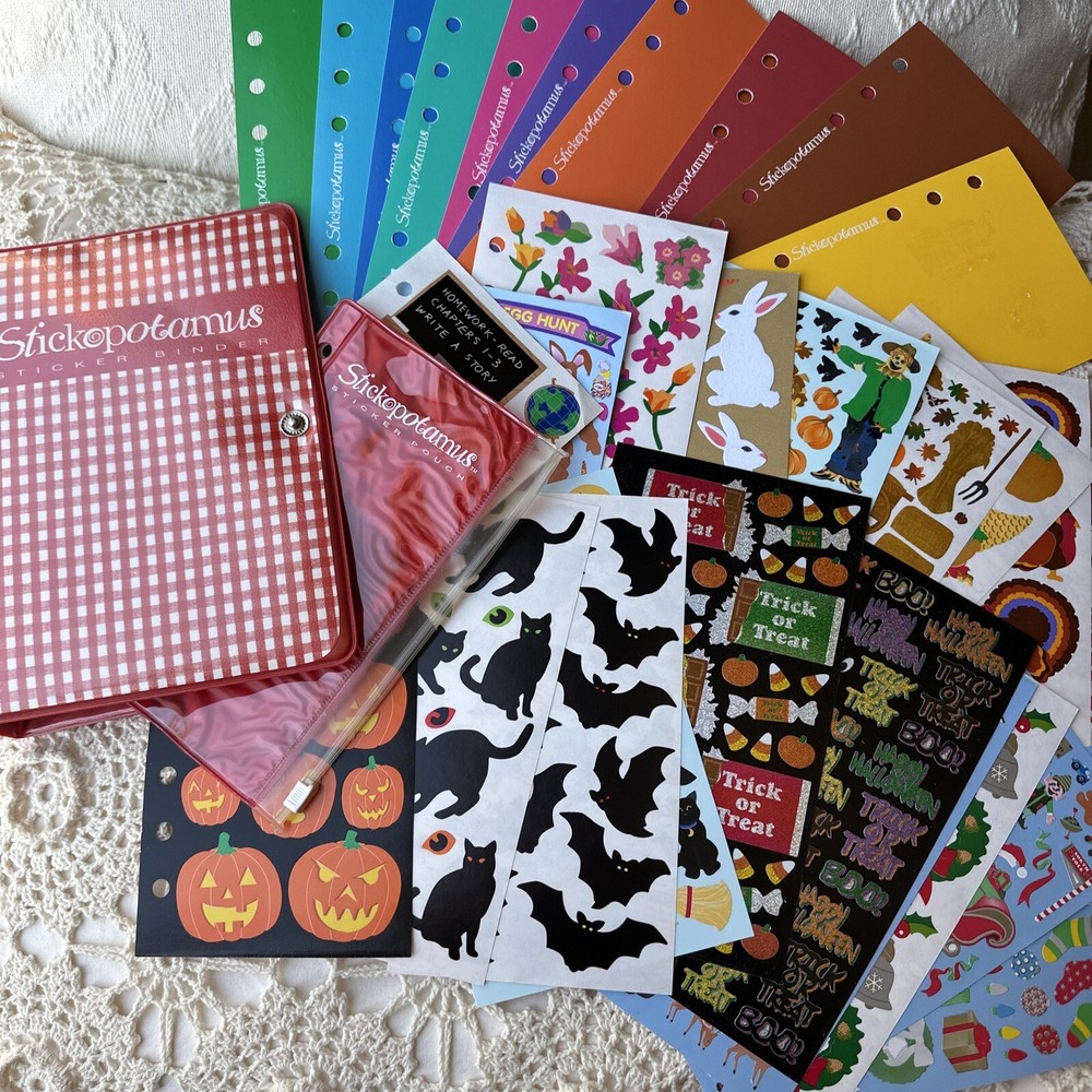 Vintage Stickopotamus Sticker Red Binder With Album Pages Zip Pouch & 19 Sheets