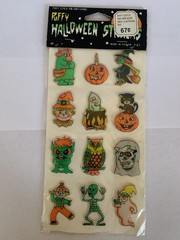 Vtg Halloween Puffy Stickers Taiwan Lot of 3 Owl Pumpkin Ghost Skeleton NOS