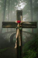 POSTCARD Wood Cross In Misty Forest Junk Journal Scrapbook Supply Card Topper