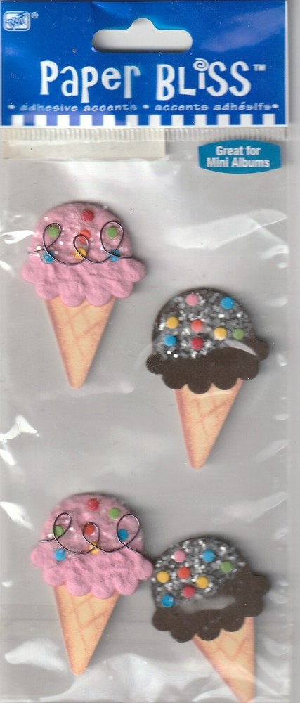 RARE! Vintage Paper Bliss ICE CREAM CONES 3-D stickers 02592 FAST FREE SHIP