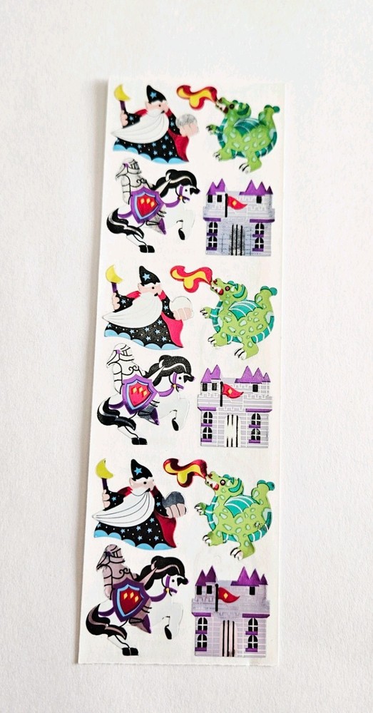 Vtg Sandylion Stickers Strip Medieval Wizard Knight Dragon Castle mylar foil