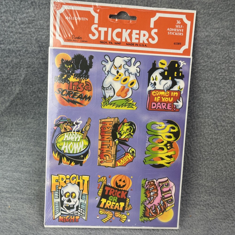 Vintage 80s Eureka Halloween Stickers 36 Count Witch Ghost Cat Retro USA