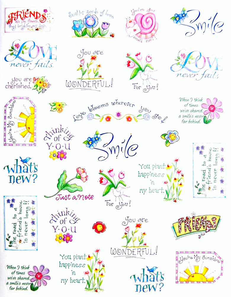 FLOWER WORD SAYINGS STICKERS SEALS 8.5″ X 10 1/2″ Sheet Friends Love #65