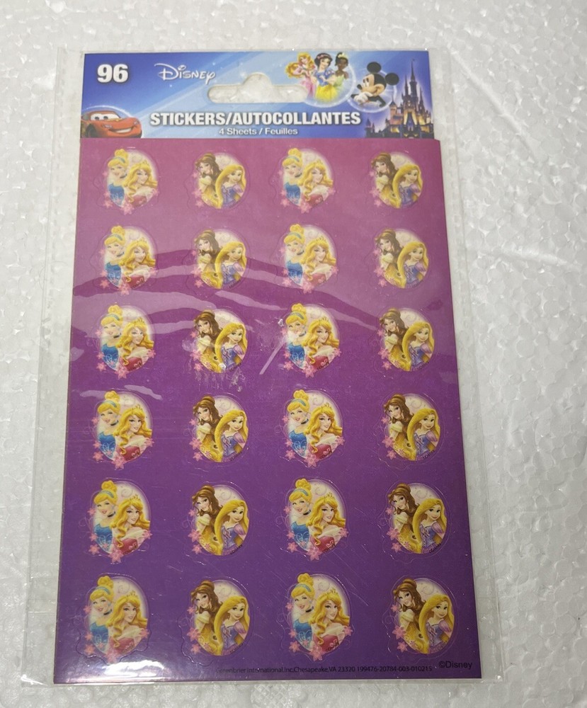 96pc Disney Princess Stickers Cinderella Belle Repunzel Aurora ~ 7/8″ 4 Sheets