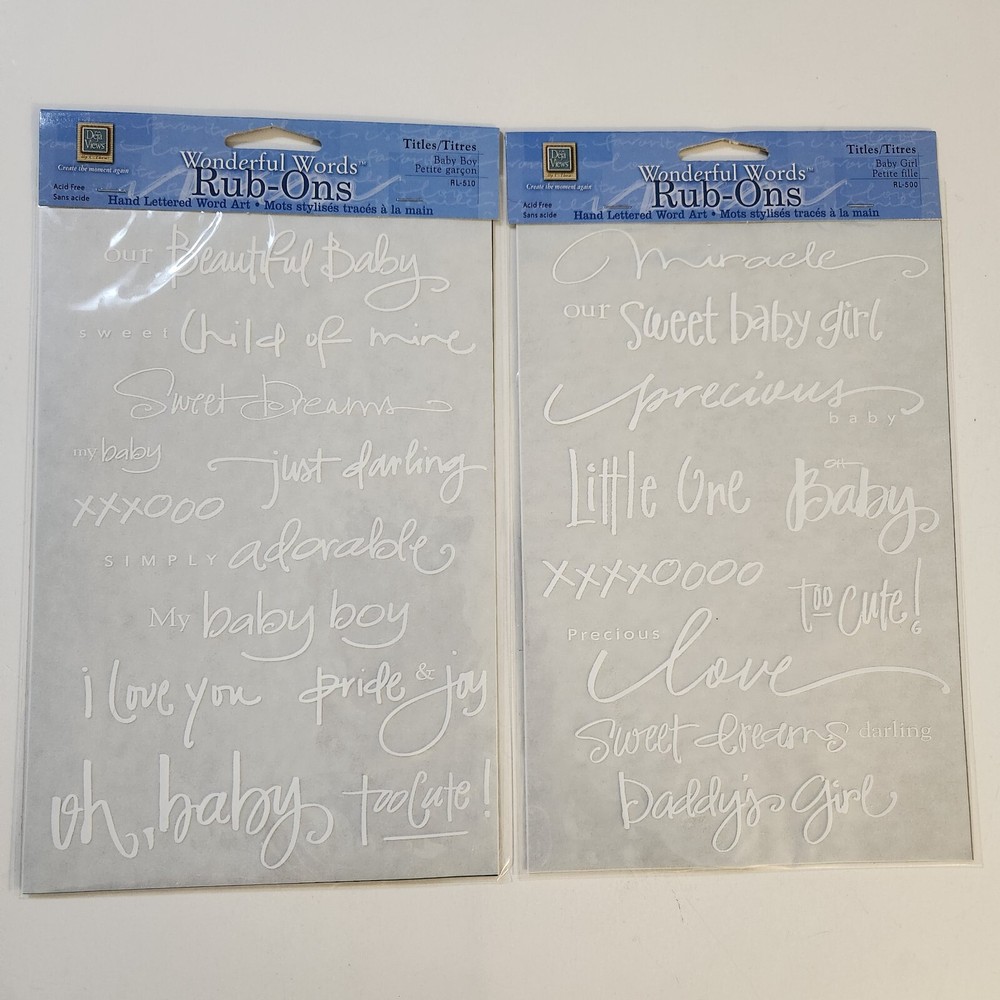NEW 2 Sheets Deja Views Wonderful Words Rub-Ons White Baby Girl Boy Words -G