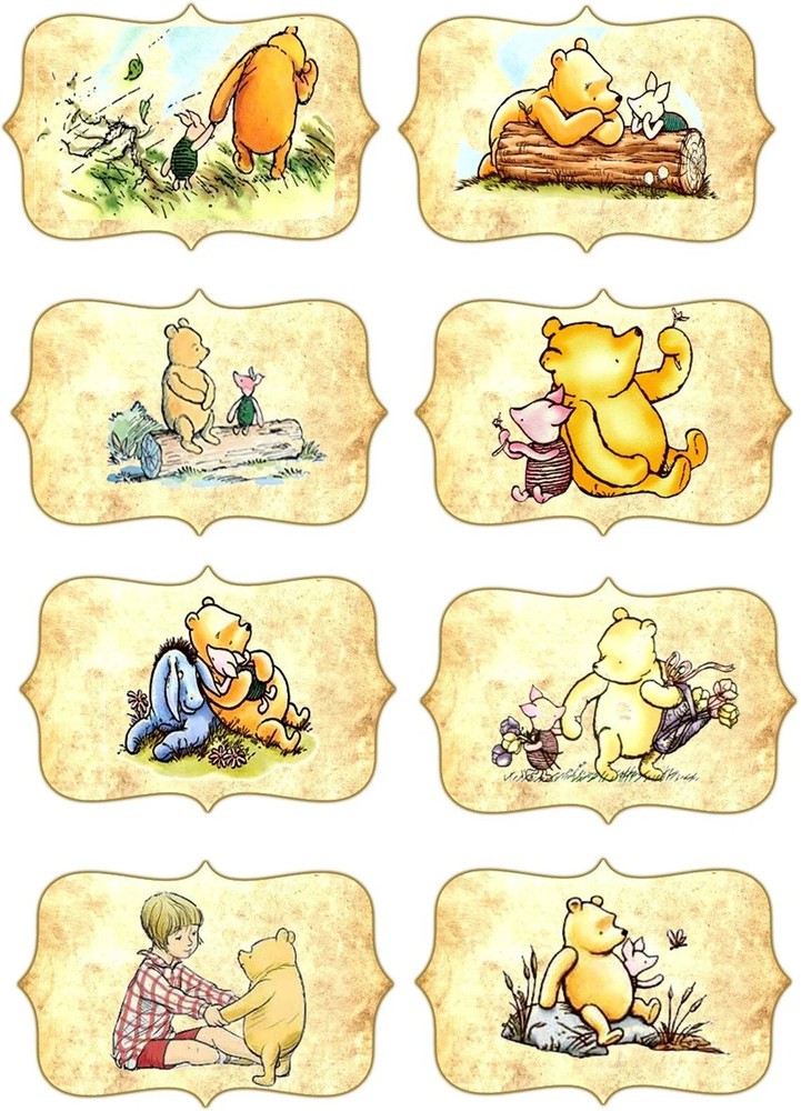 16 CLASSIC WINNIE THE POOH LABELS STICKERS GLOSSY LAMINATED CUT REAY TO USE