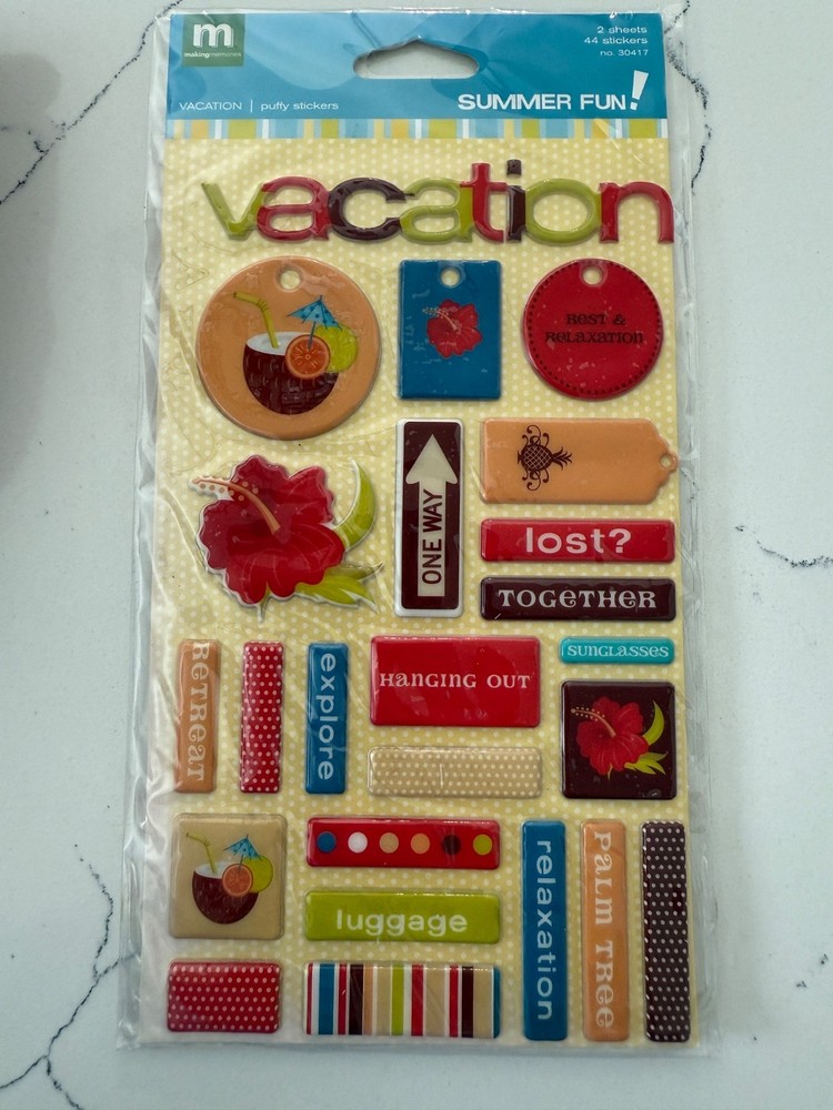 Making Memories Summer Fun! Vacation Bright 44 Puffy Stickers Words Scrapbooking